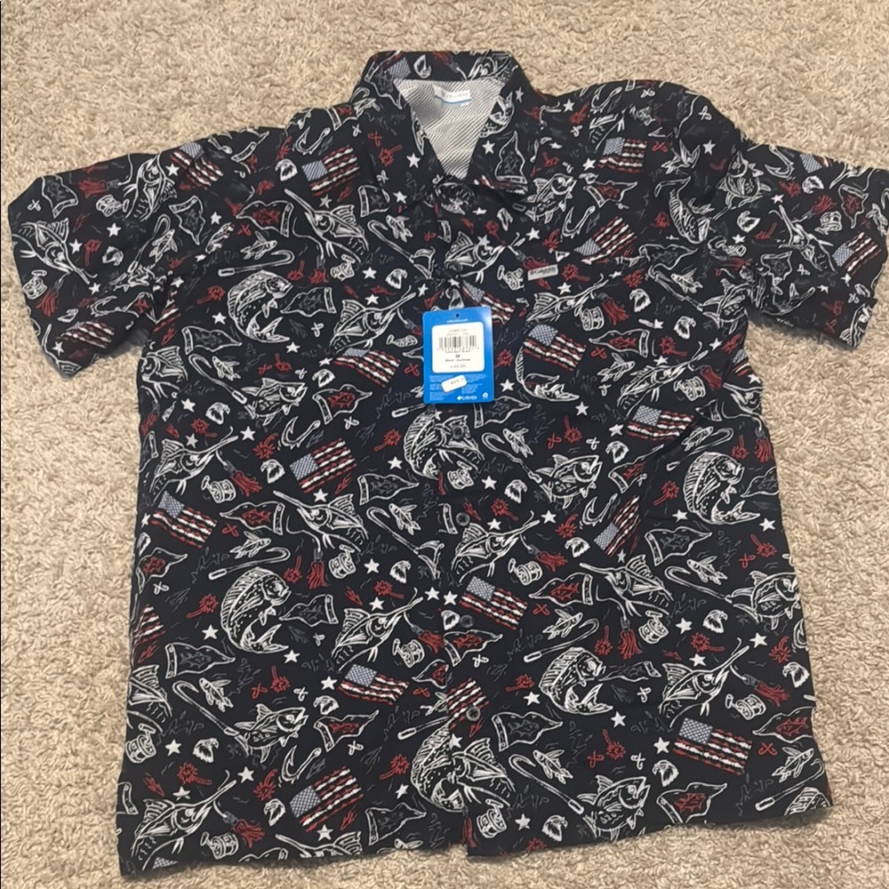 Columbia Black and Red Casual Button Down Shirt with Floral Print